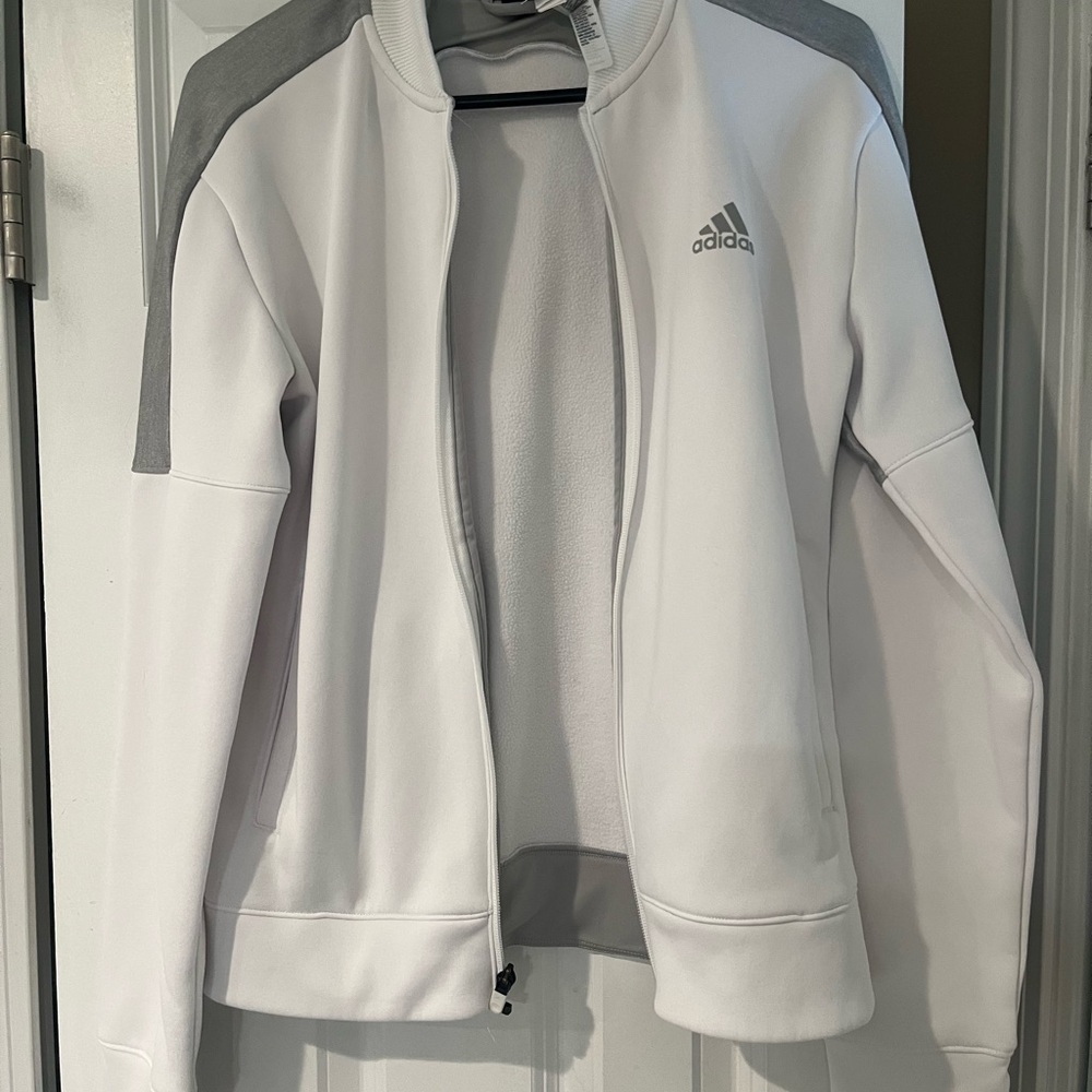 Adidas White and Gray Bomber Jacket Lightweight Athletic Style